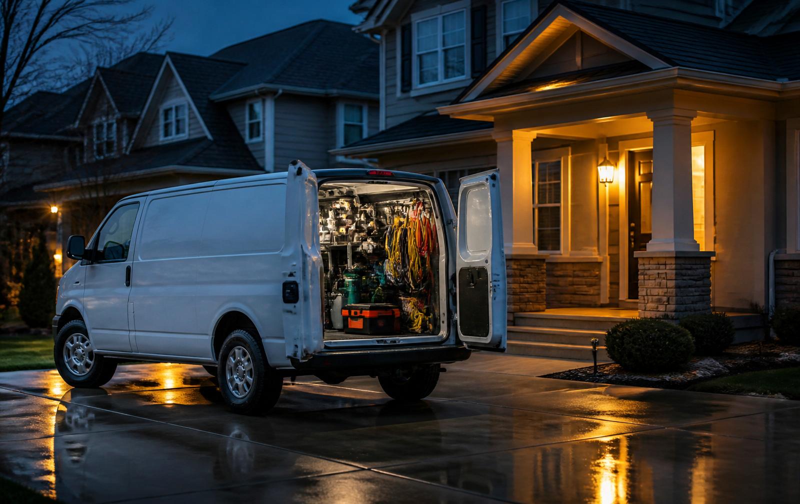 Service van in a Cobb County driveway at dusk on an AC service call