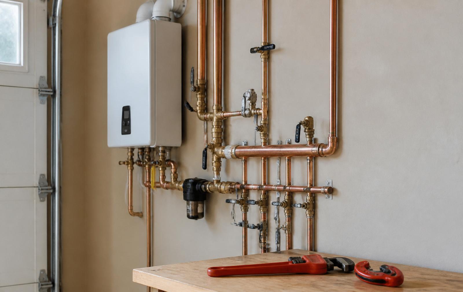 Tankless water heater and copper plumbing manifold with shutoff valves in a Marietta, GA garage