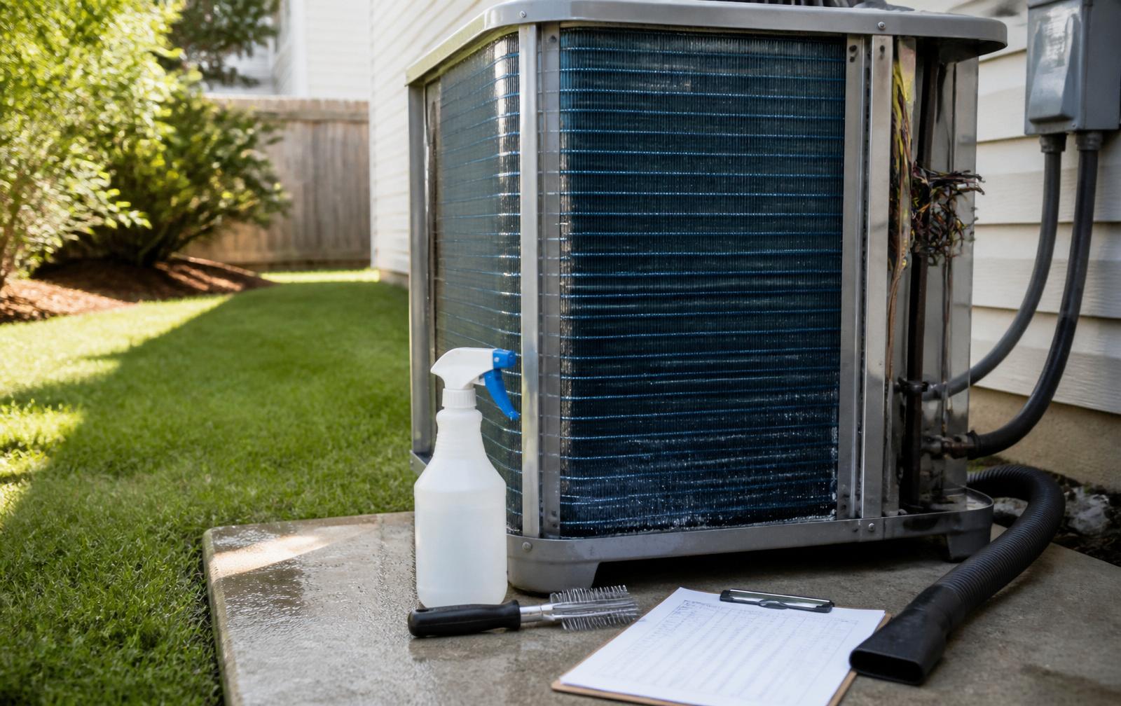 Outdoor AC condenser mid-maintenance with cleaning tools and a service checklist on the concrete pad