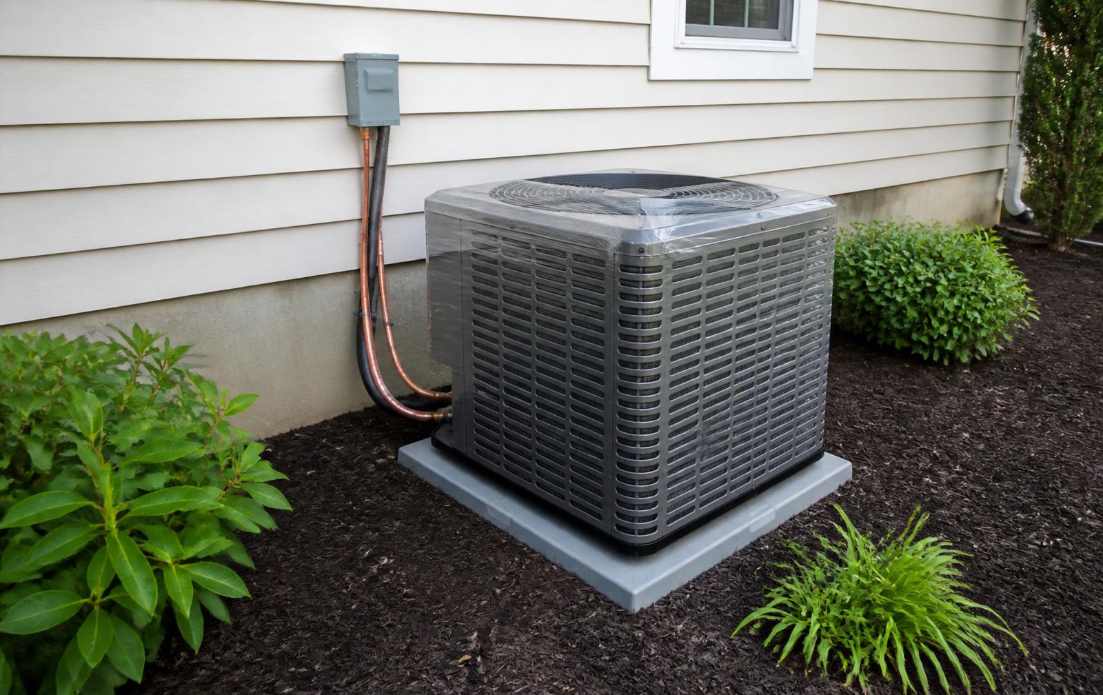 Brand new outdoor AC condenser freshly installed on a level pad beside a suburban home