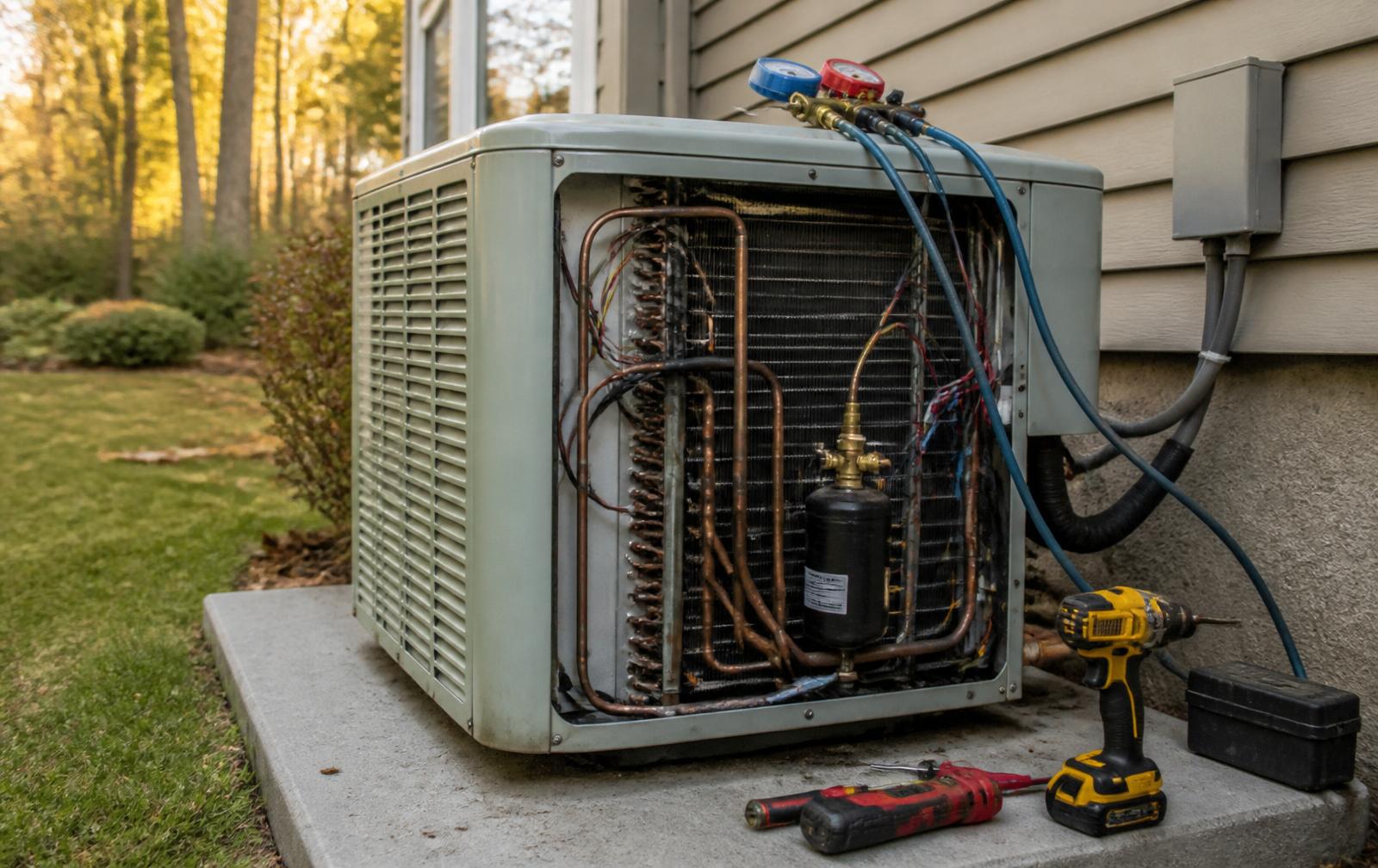 Outdoor AC condenser mid-repair at a Powder Springs, GA home with manifold gauges attached